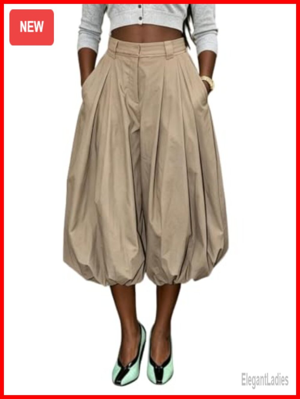 High Waisted Pleated Balloon Capri Harem Pants Loose Crop Trousers